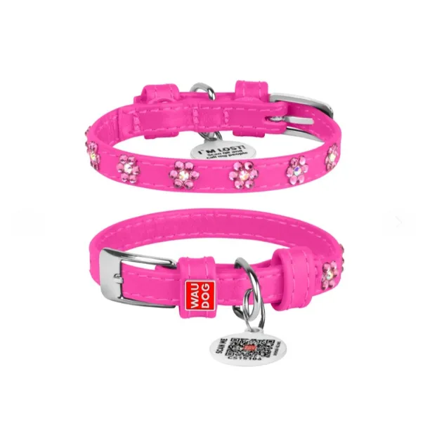 32517 Нашийник WAUDOG Glamour з QR-паспортом, з клей. стразами "Квіти" Ш 9мм Д 18-21см рожевий