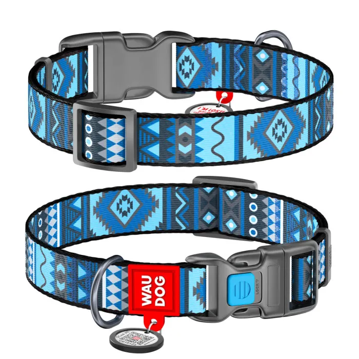 4583 Нашийник WAUDOG Nylon з QR паспортом, малюнок "Етно синій", пласт.фастекс Ш 20мм Д 28-40см