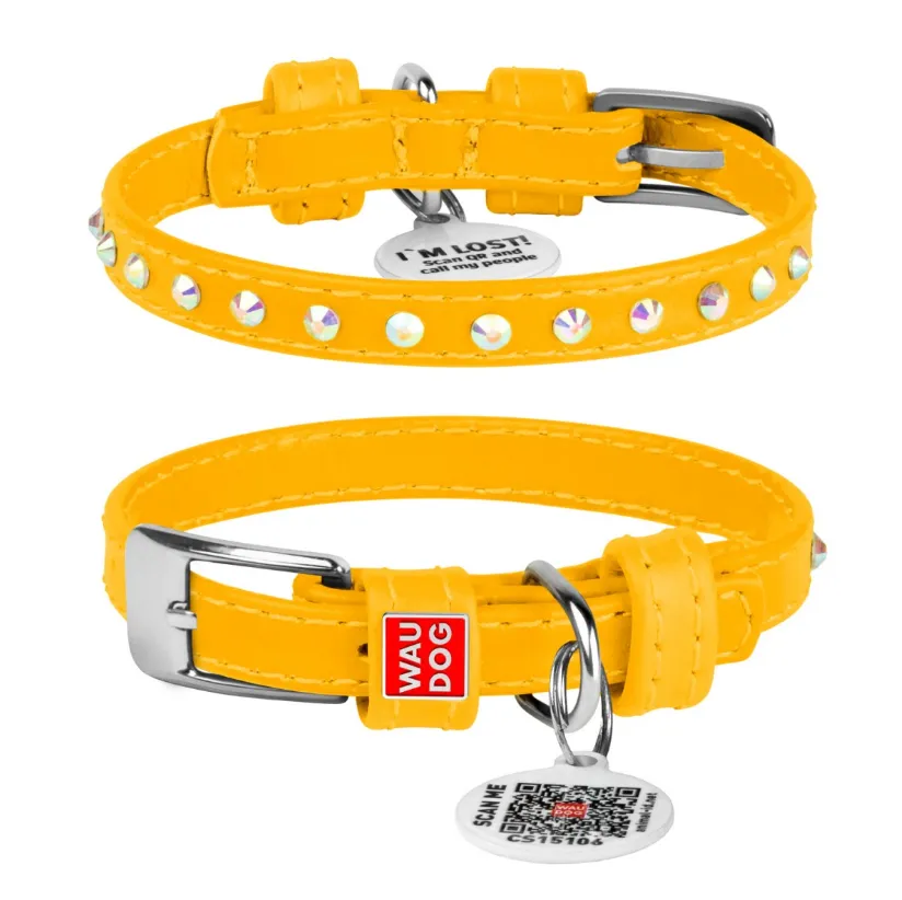 32688 Нашийник WAUDOG GLAMOUR з QR паспортом, з клей. стразами Ш 12мм, Д 21-29см жовтий