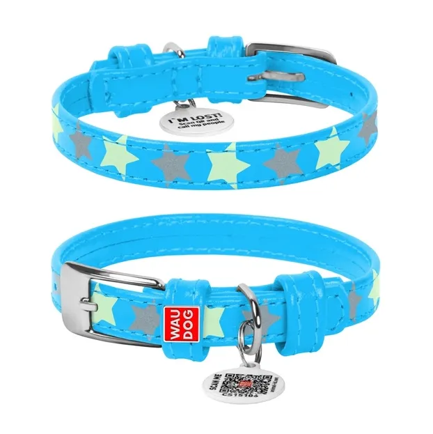 35832 Нашийник WAUDOG Glamour з QR паспортом, шкіряний, візерунок "Зірочка", світлонакоп. Ш 12мм Д 19-25см блакитний