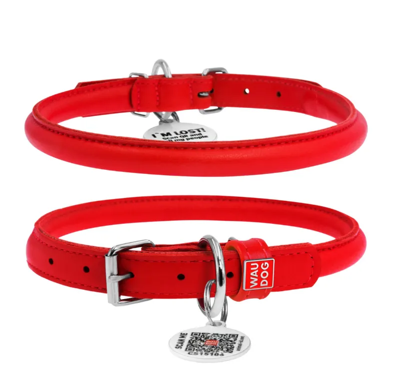 35063 Нашийник WAUDOG Glamour з QR паспортом, шкіряний, круглий d 10мм Д 39-47см червоний