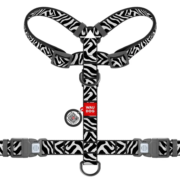 343-0055 Шлея WAUDOG Nylon анатомічна Н-подібна з QR паспортом, малюнок "Зебра", пласт. фастекс S Ш 15мм А 30-45см В 36-45см