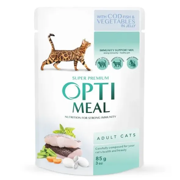 Optimeal+ пауч 85г для котів тріска та овочі в желе (3+1)