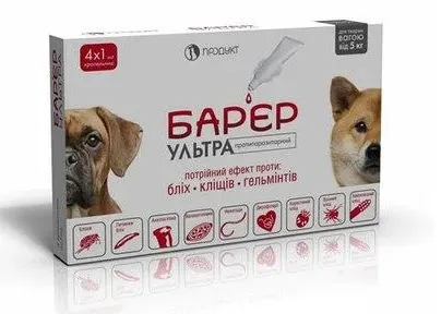 Бар'єр Ультра Краплі від бліх та кліщів та гельмінтів для собак від 5 кг, 1 шт