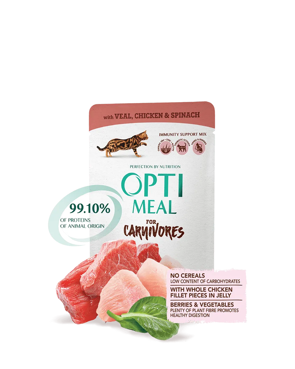 Optimeal+ пауч для котів беззерновий (телятина&курка в шп. соусі), 85г