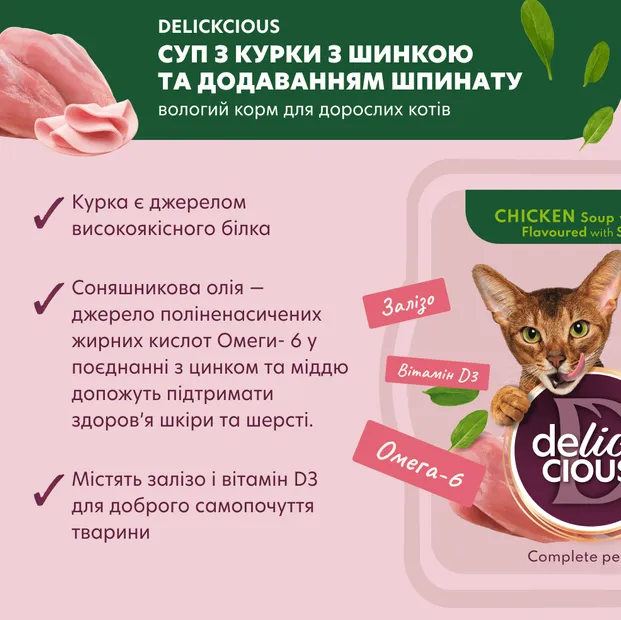 Delickcios суп для котів курка з шинкою та шпинатом 0.08кг