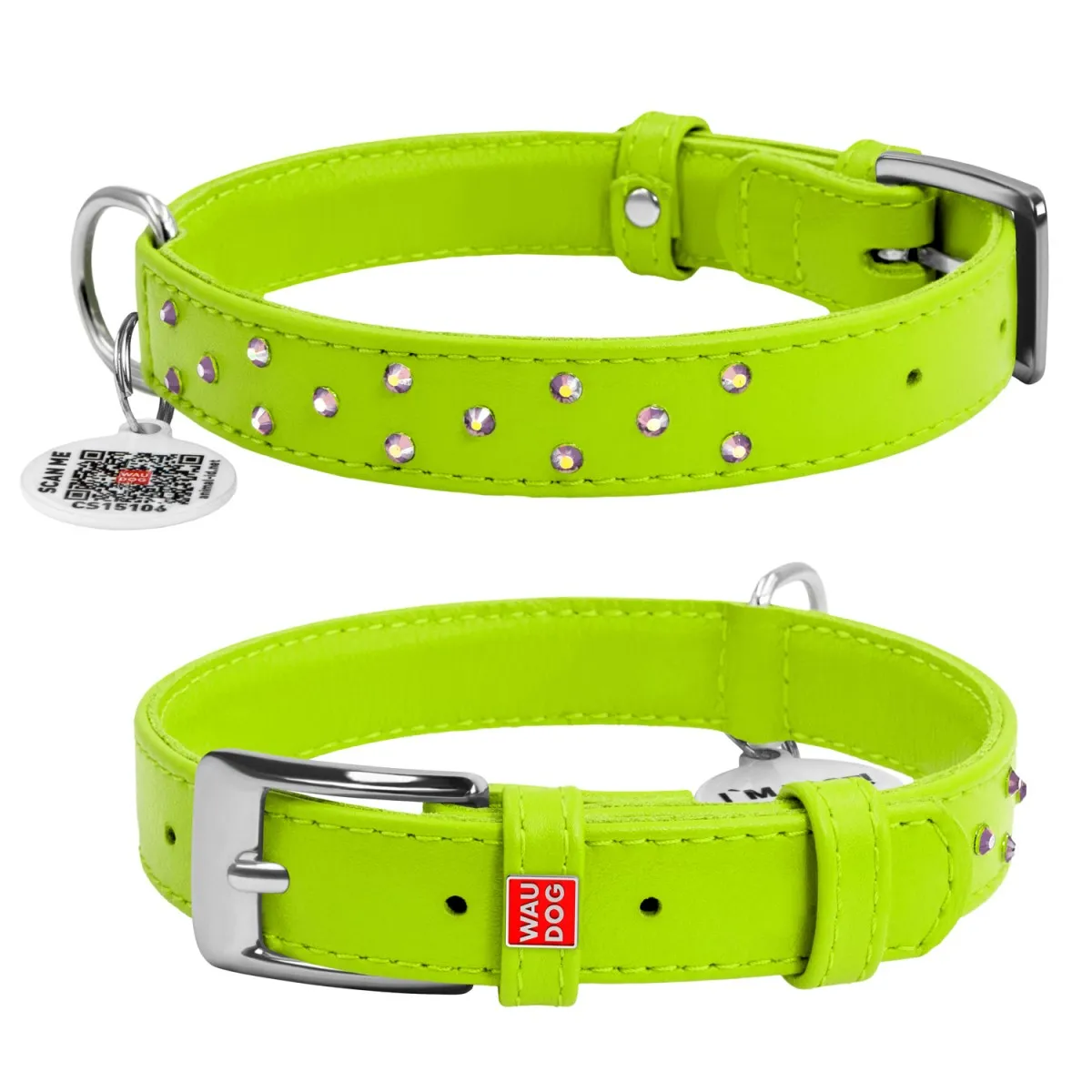 32685 Нашийник WAUDOG GLAMOUR з QR паспортом, з клей. стразами Ш 12мм, Д 21-29см салатовий