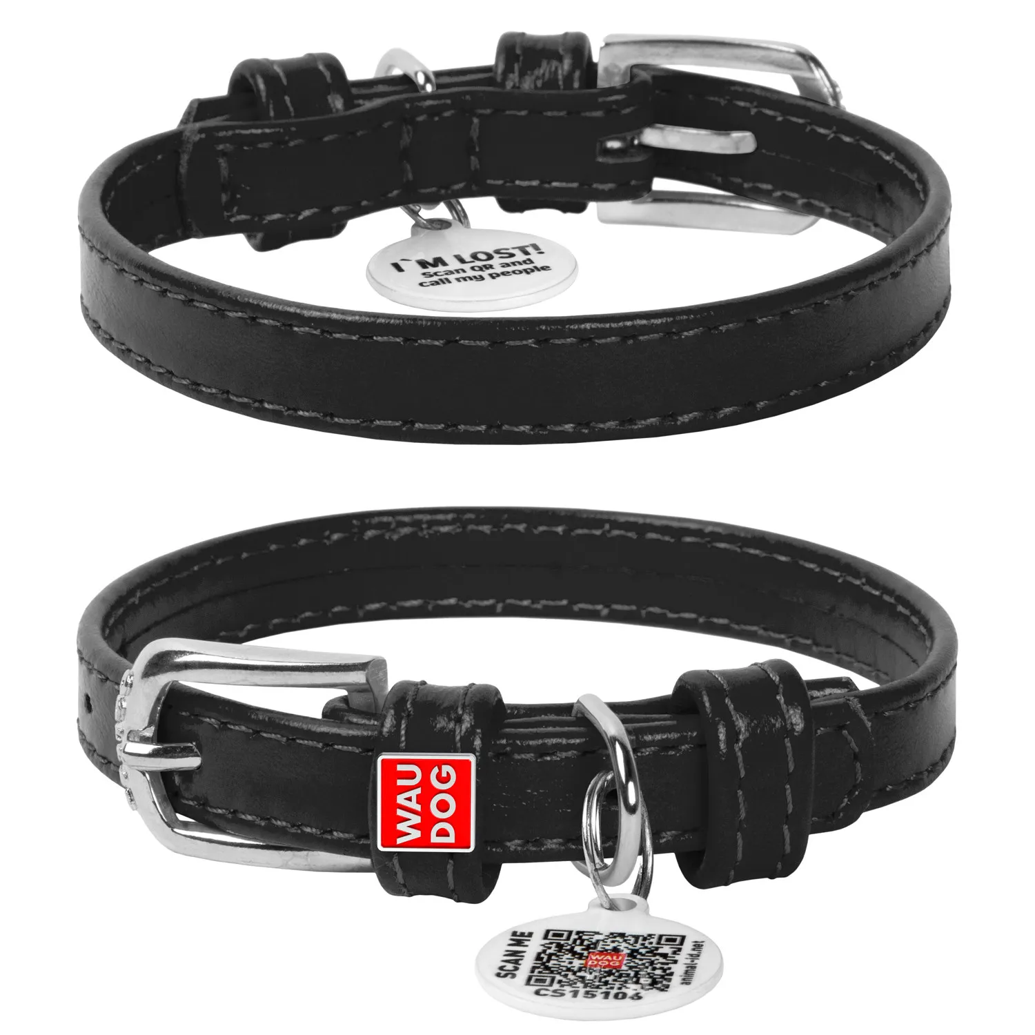 32561 Нашийник для собак шкіряний WAUDOG Glamour з QR паспортом, без прикрас, Ш 12 мм, Дов 21-29 см чорний
