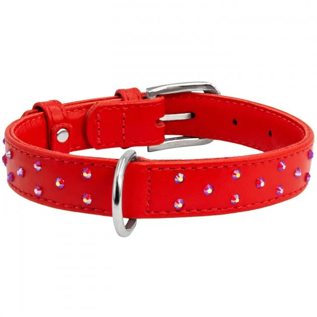 32783 Нашийник "CoLLaR GLAMOUR" шкіряний з клейк.стразами (шир.20мм, довж.30-39см) червоний