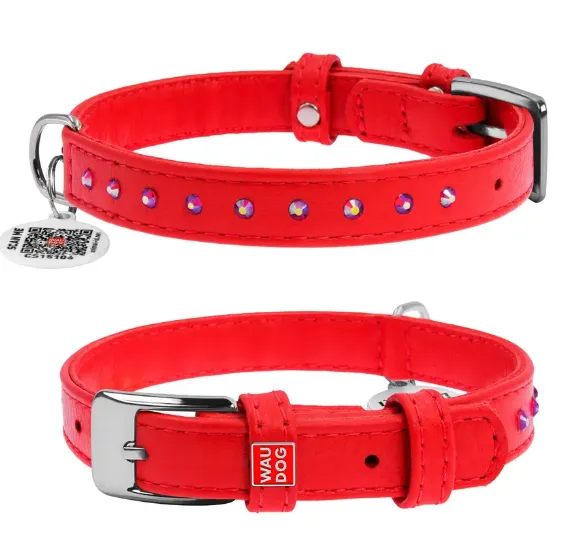 32773 Нашийник WAUDOG Glamour з QR-паспортом, з клей. стразами Ш 15мм Д 27-36см червоний