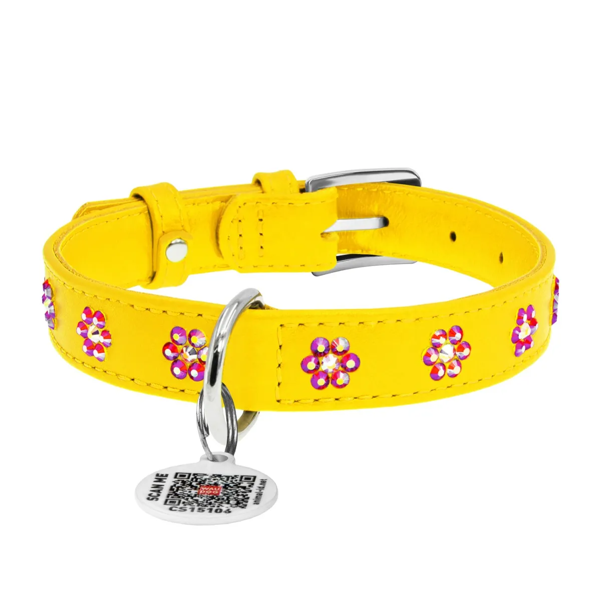 32518 Нашийник WAUDOG Glamour з QR-паспортом, з клей. стразами "Квіти" Ш 9мм Д 18-21см жовтий