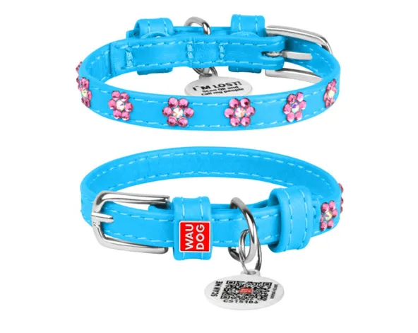 32532 Нашийник WAUDOG Glamour з QR паспортом, шкіряний, з клей. стразами "Квіти", Ш 9мм Д 19-25см блакитний