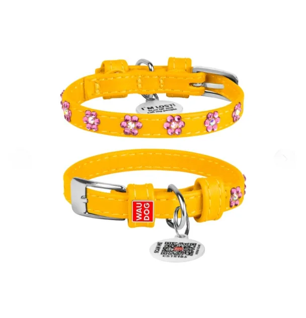 32518 Нашийник WAUDOG Glamour з QR-паспортом, з клей. стразами "Квіти" Ш 9мм Д 18-21см жовтий