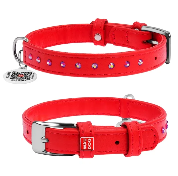 32683 Нашийник WAUDOG Glamour з QR паспортом, з клей. стразами Ш 12мм Д 21-29см червоний