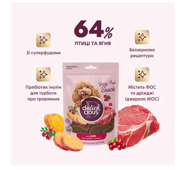 Delickcios Сушені снеки для собак ягня, батат, журавлина 80г