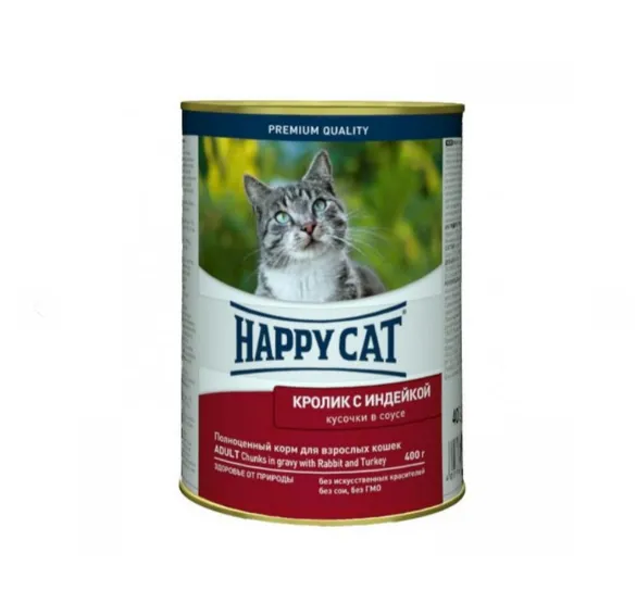 1002419 Happy Cat 400г консервований корм для котів з кроликом та індичкою в соусі
