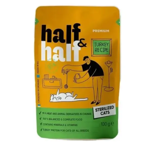 Корм для стерилізованих котів Half&Half шматочки з індичкою в желе 100г