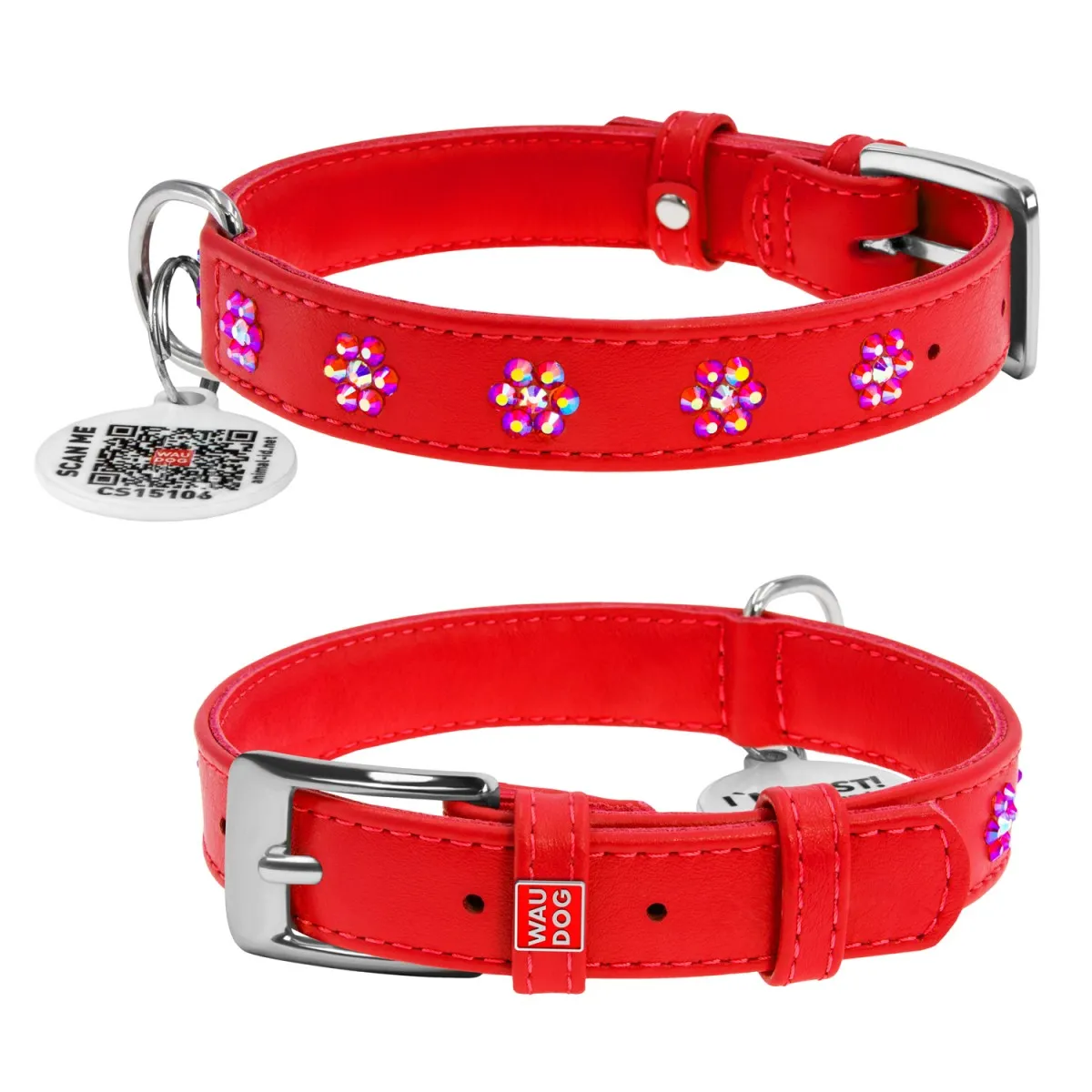 32533 Нашийник WAUDOG Glamour з QR паспортом шкіряний, з клей. стразами "Квіти", Ш 9мм, Д 19-25см червоний