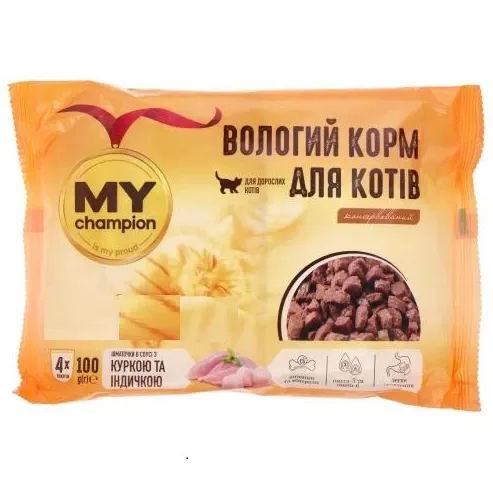 Мій чемпіон для котів шматочки з куркою та індичкою 4шт*100г