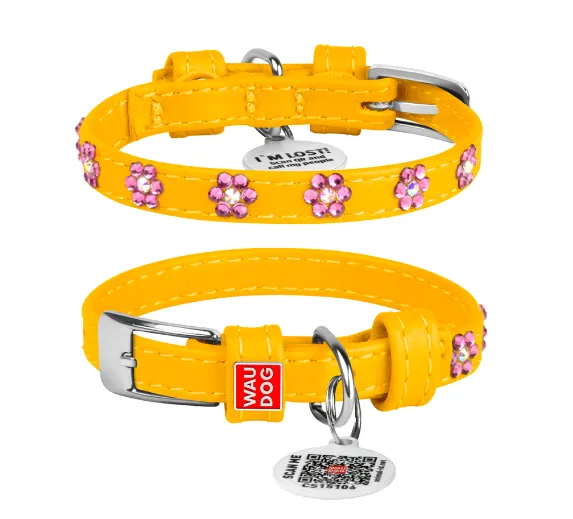 32538 Нашийник WAUDOG Glamour з QR паспортом, з клей. стразами "Квіти" Ш 9мм Д 19-25см жовтий