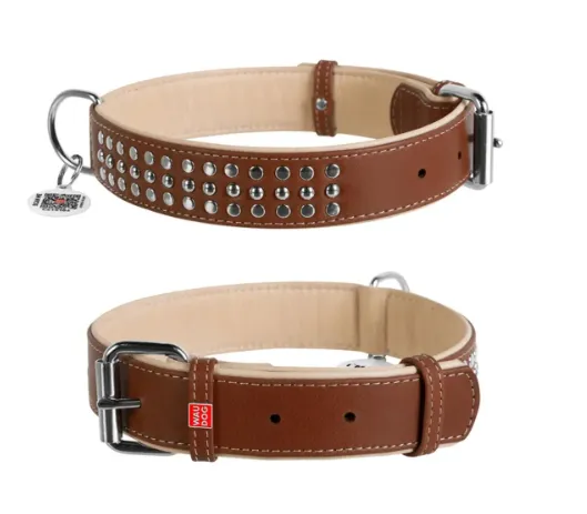 7214/7215 Нашийник WAUDOG Soft з QR паспортом, шкіряний XL Ш 35мм Д 46-60см чорно-білий/коричневий
