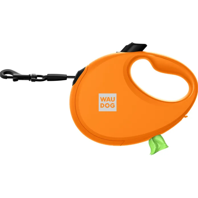 26284 Повідець-рулетка WAUDOG R-leash з контейнером для пакетів, світловідбив. стрічка М до 20кг, 5м помаранчева