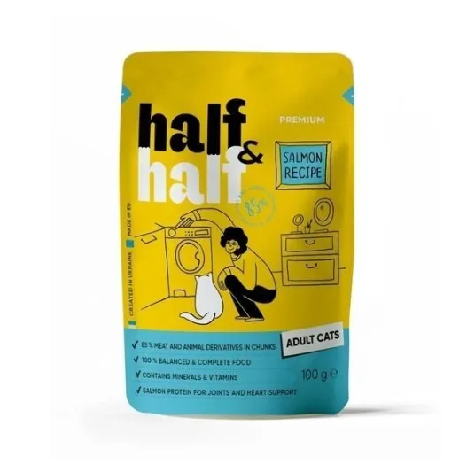 Корм для котів Half&Half шматочки з лососем в желе 100г