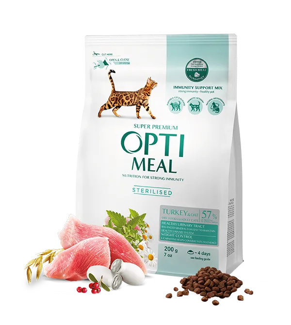 Optimeal+ для стерилізованих котів індичка, овес 0.2кг