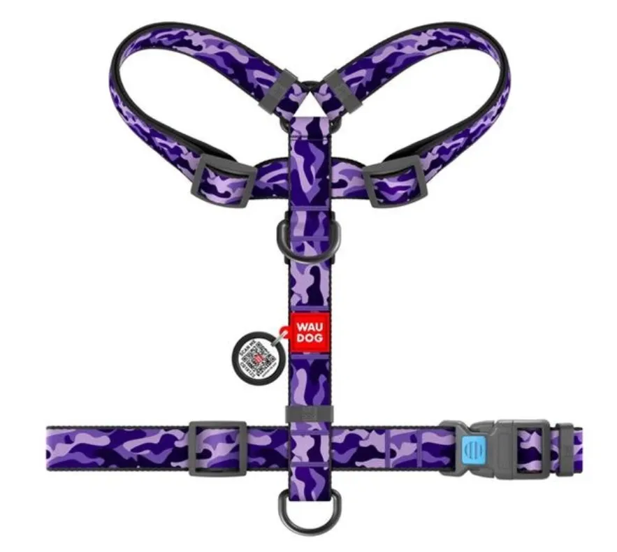 5604 Шлея WAUDOG Nylon анатомічна Н-образна, з QR-паспортом, малюнок "Фіолетовий камо", пласт. фастекс S Ш 15мм А 30-40см В 30-50см
