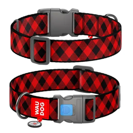 4689 Нашийник WAUDOG Nylon з QR паспортом, малюнок "Шотландка червона", пласт. фастекс Ш 25мм Д 33-49см
