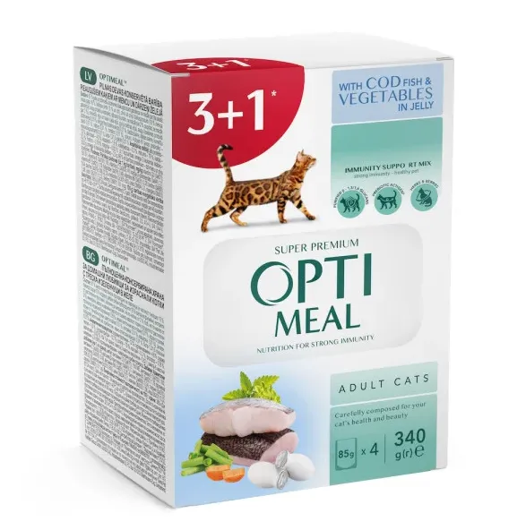 Optimeal+ пауч 85г для котів тріска та овочі в желе (3+1)