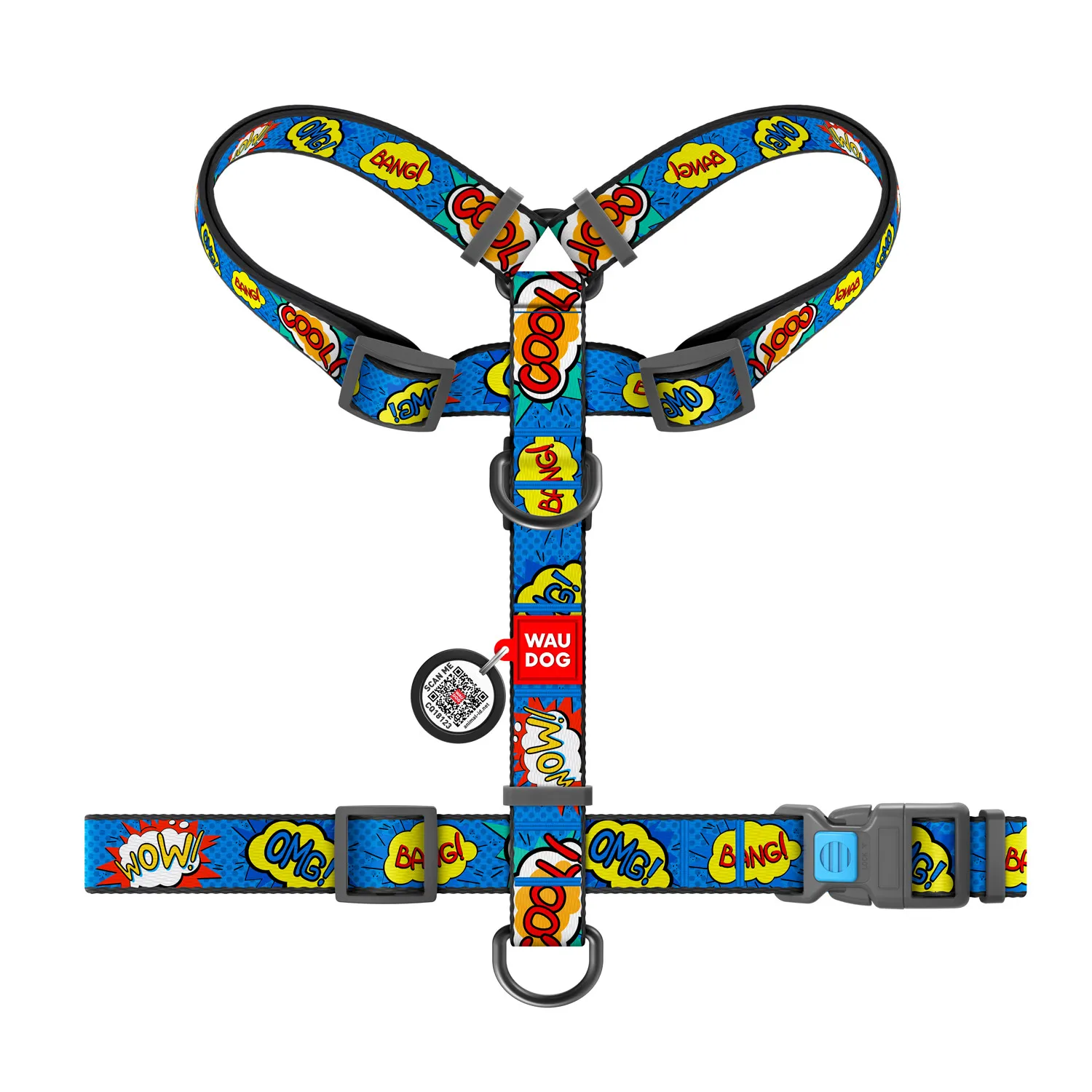 5606 Шлея для собак анатомічна H- WAUDOG Nylon с QR-паспортом, малюнок "ВАУ", пластиковий фастекс, S, Ш 15 мм, А 30-40, 30- 50