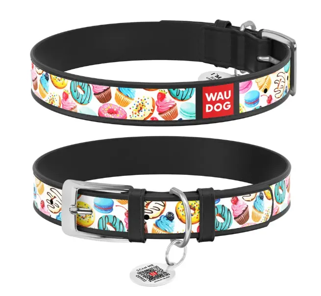 36911 Нашийник WAUDOG Design з QR паспортом, шкіряний, малюнок "Пончики" Ш 12мм Д 20-28см чорний