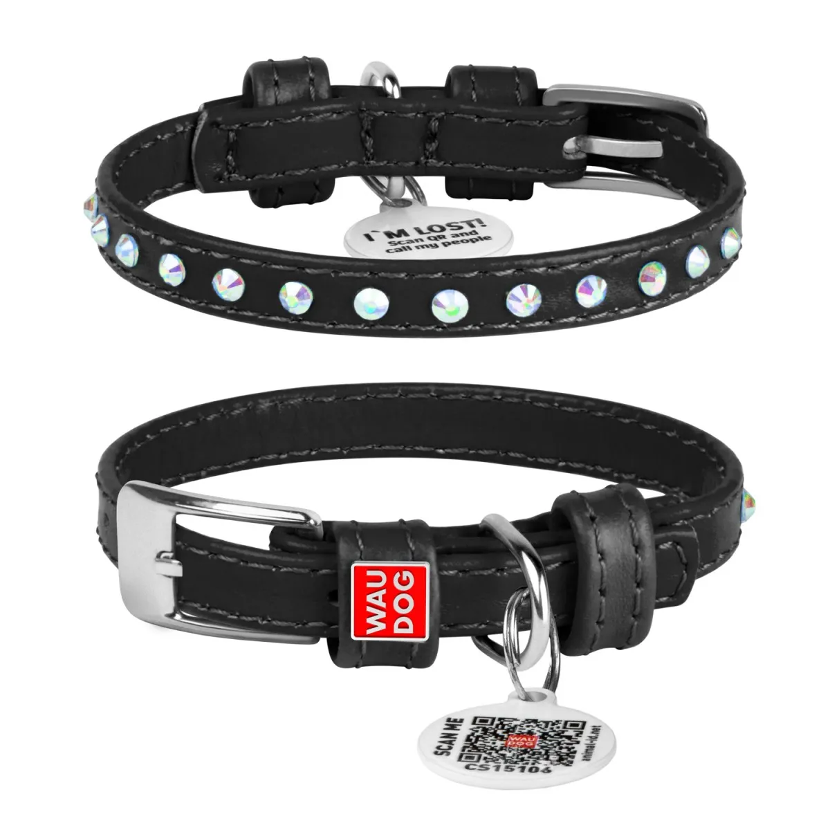 32521 Нашийник WAUDOG Glamour з QR-паспортом з клей. стразами Ш 9мм Д 19-25см чорний