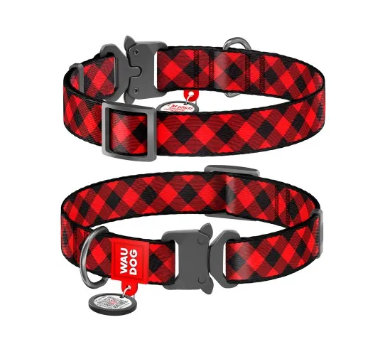 5086 Нашийник WAUDOG Nylon з QR паспортом, малюнок "Шотландка червона", метал. фастекс Ш 25мм Д 33-49см