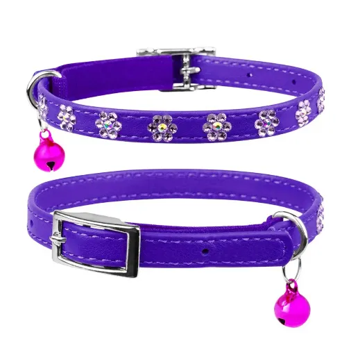 32519 Нашийник WAUDOG Glamour з QR паспортом, з клей. стразами "Квіти" Ш 9мм Д 18-21см фіолетовий