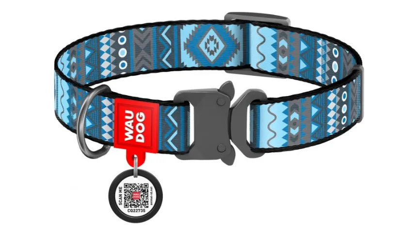 4632 Нашийник для собак нейлоновий WAUDOG Nylon з QR паспортом, малюнок "Етно зелений", пластиковий фастекс, Ш 15 мм, Дов 23-35 см