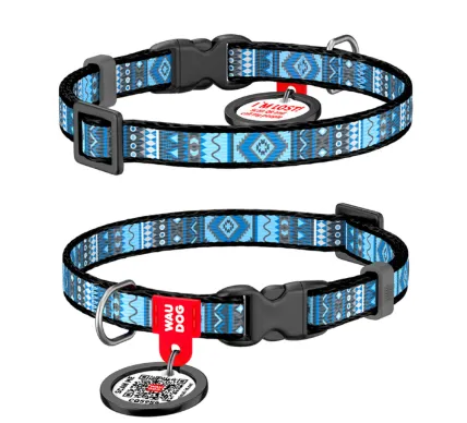 5266 Нашийник WAUDOG Nylon з QR паспортом, малюнок "Етно синій", пласт. фастекс Ш 10мм Д 20-30см