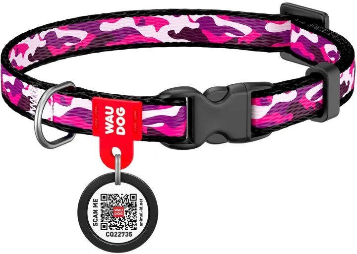 5230 Нашийник WAUDOG Nylon з QR-паспортом з малюнком "Рожевий камо" Ш 10мм 20-30см