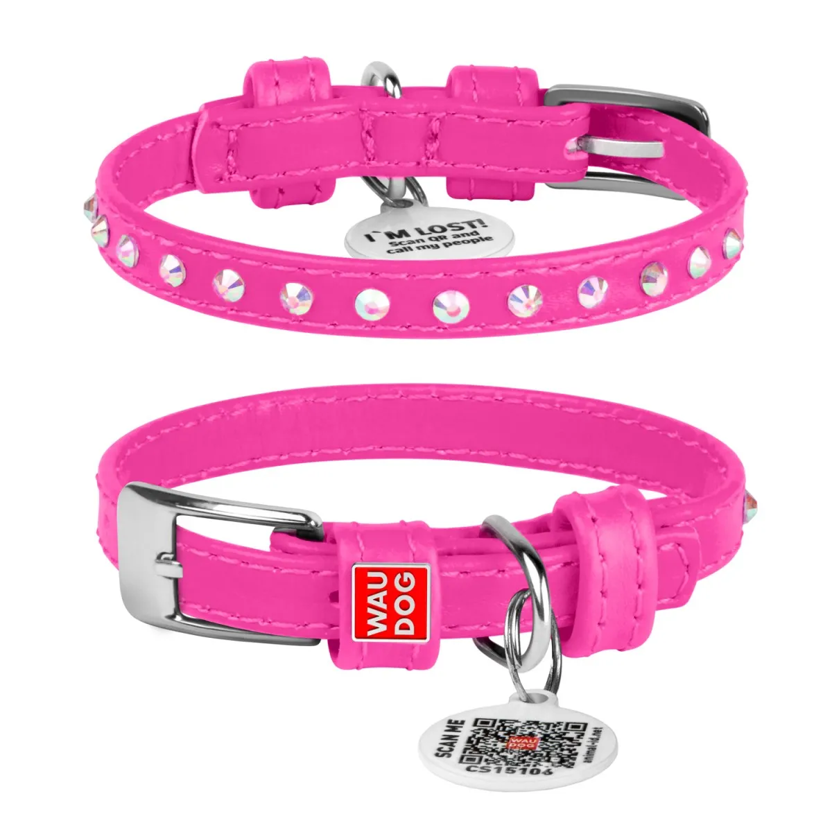 32527 Нашийник WAUDOG Glamour з QR-паспортом шкіряний з клей. стразами Ш 9мм Д 19-25см рожевий