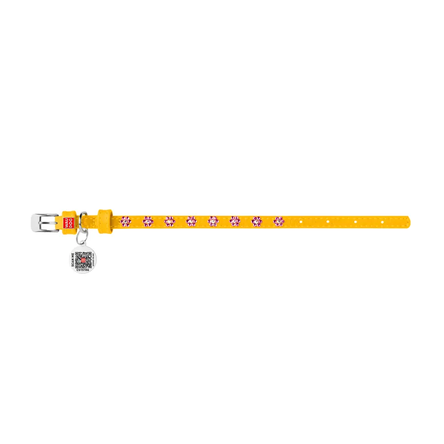 32538 Нашийник WAUDOG Glamour з QR паспортом, з клей. стразами "Квіти" Ш 9мм Д 19-25см жовтий