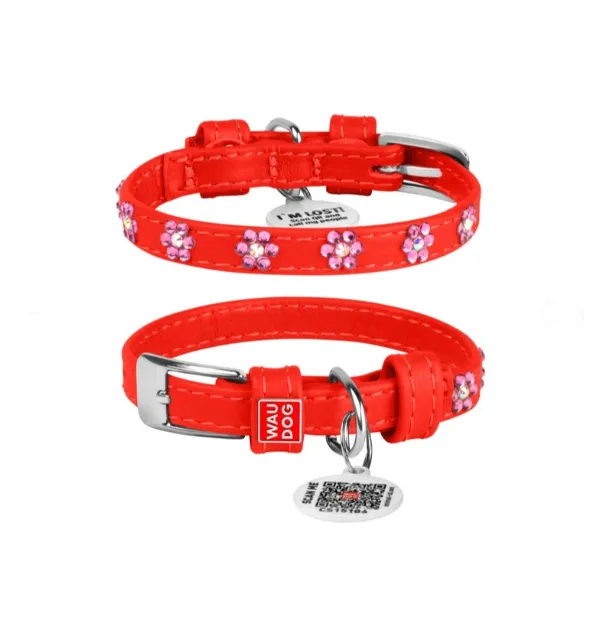 32023 Нашийник WAUDOG Glamour з QR-паспортом, з клей. стразами "Квіти" Ш 20мм Д 30-39см червоний