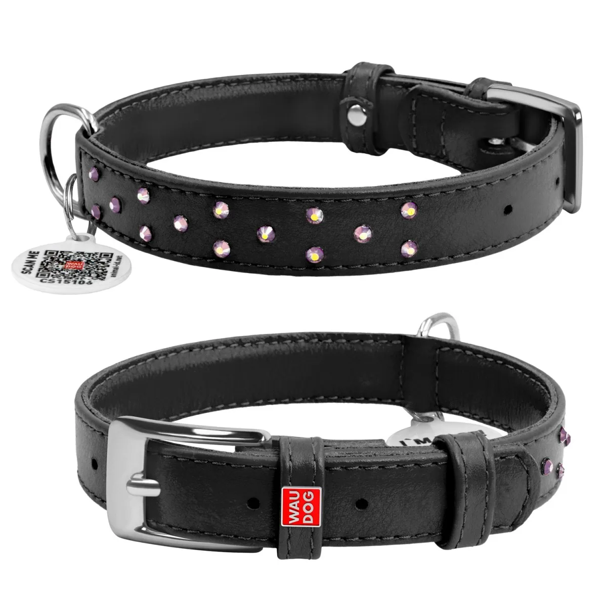 32521 Нашийник WAUDOG Glamour з QR-паспортом з клей. стразами Ш 9мм Д 19-25см чорний