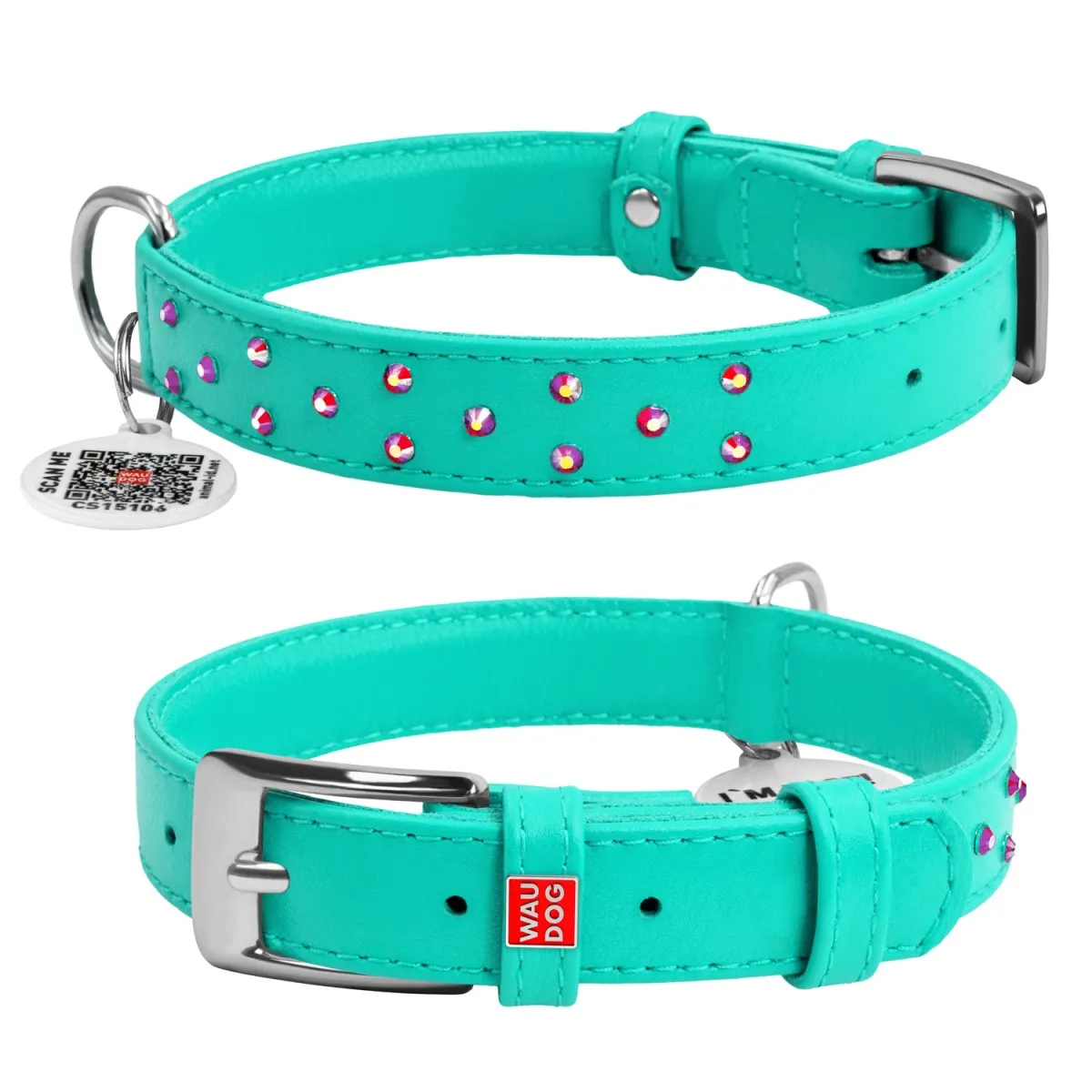 325213 Нашийник WAUDOG Glamour з QR-паспортом шкіряний з клей.стразами Ш 9мм Д 19-25см ментоловий