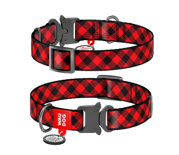 5085 Нашийник WAUDOG Nylon з QR паспортом, малюнок "Шотландка червона", метал. фастекс Ш 20мм Д 24-40см