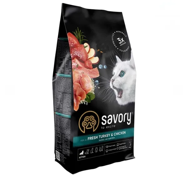 Savory сухий корм для кошенят всіх порід індик/курка 2кг 30143