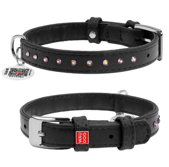 32681 Нашийник WAUDOG Glamour з QR паспортом, з клей. стразами Ш 12мм Д 21-29см чорний