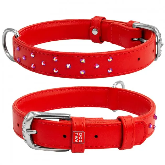 32783 Нашийник "CoLLaR GLAMOUR" шкіряний з клейк.стразами (шир.20мм, довж.30-39см) червоний