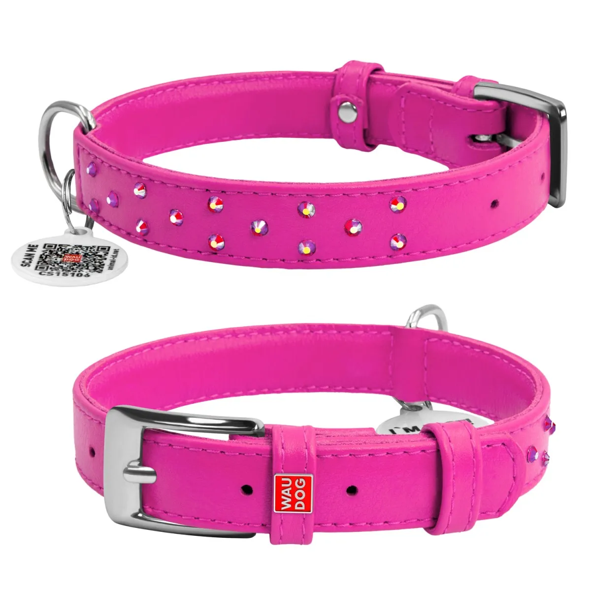 32527 Нашийник WAUDOG Glamour з QR-паспортом шкіряний з клей. стразами Ш 9мм Д 19-25см рожевий