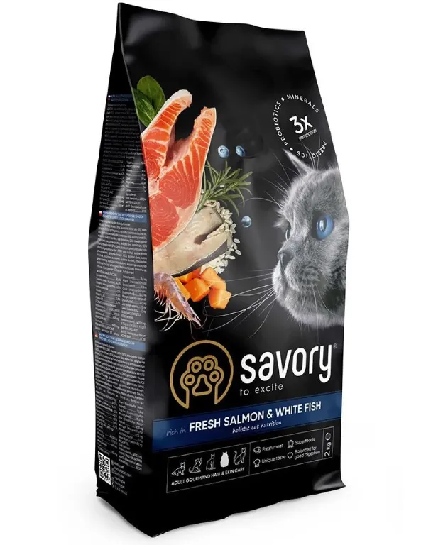 Savory сухий корм для довгошерстних котів лосось/біла риба 2кг 30020
